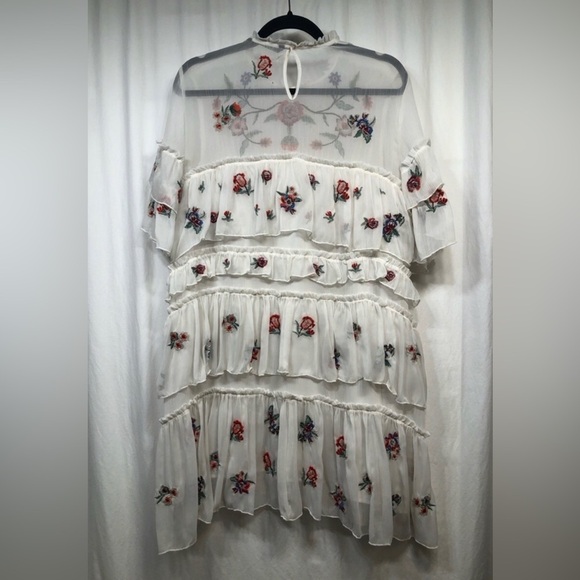 Zara White Ruffle Tiered Floral Embroidered Aztec Bloom Babydoll Dress Large - Picture 7 of 16